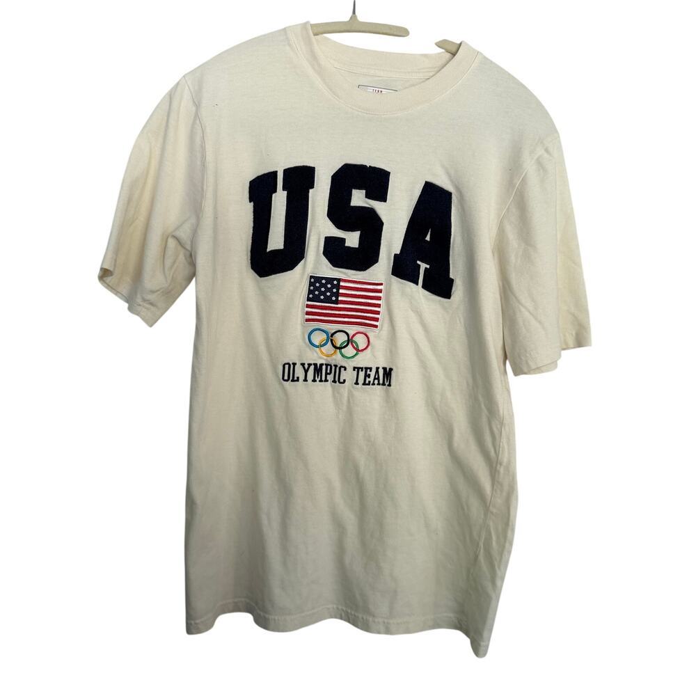 Team USA T-Shirt Crew Neck Graphic Print Short Sleeves Cream Size Small